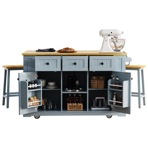 53inch Large Kitchen Island with 2 Bar Stools,Power Outlet,Door Internal Storage Rack,Kitchen Storage Cart on 5 Wheels with Drop Leaf,5 Open Side Racks,3 Drawers,Grey Blue (Three Packages)