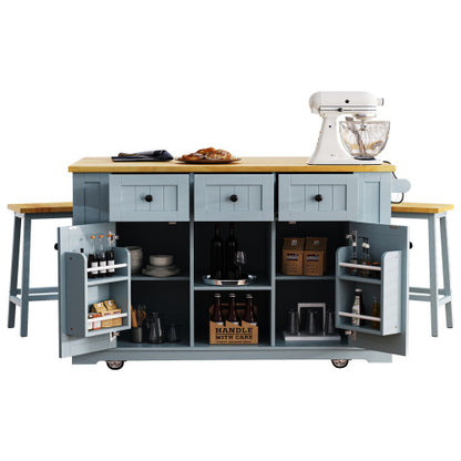 53inch Large Kitchen Island with 2 Bar Stools,Power Outlet,Door Internal Storage Rack,Kitchen Storage Cart on 5 Wheels with Drop Leaf,5 Open Side Racks,3 Drawers,Grey Blue (Three Packages)