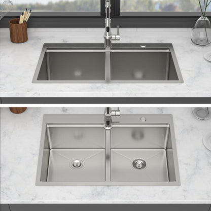 Topmount Drop in Kitchen Sink - 33" x 22" x 10" Double Bowl (50/50) Kitchen Sink 16 Gauge with Two 10" Deep Basin, Brushed Nickel