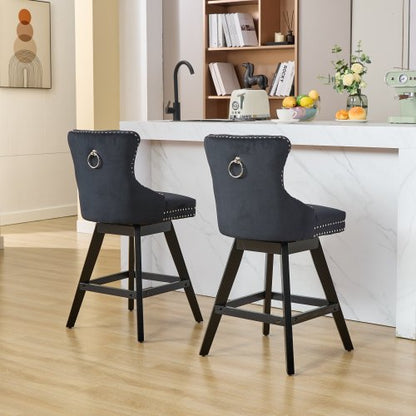 Swivel Velvet Barstools with Button Tufted Decoration and Wooden Legs, and Chrome Nailhead Trim, Leisure Style Bar Chairs,Bar stools, Set of 2 (Black)
