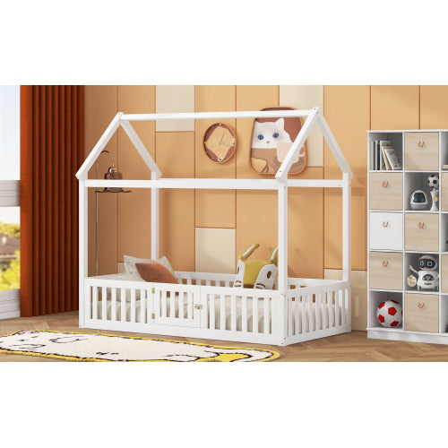 Twin Size Wood House Bed with Fence and Door, White