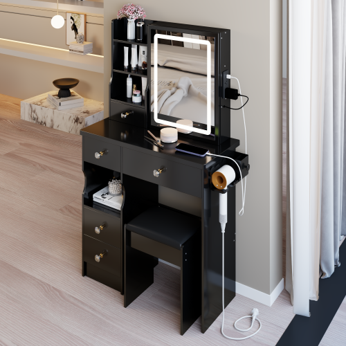 29.2" Small Size Drawer Desktop Vanity Table + Cushioned Stool, 2 AC+2 USB Power Station, Hair dryer bracket, Extra Large Touch Control Sliding LED Mirror, 3-color Switching, EPA, GCC, UL Certificate