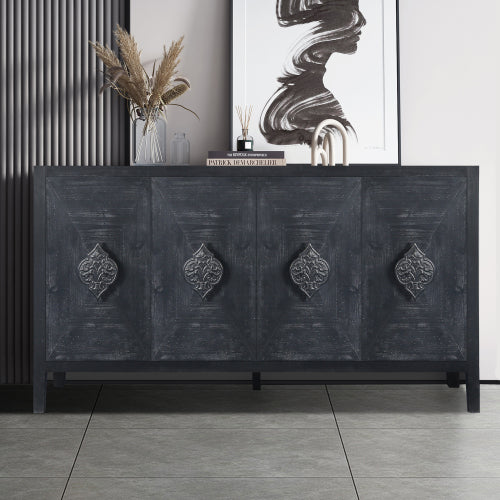 Carved Flower Door Handle Antique Four Door Cabinet for Living Room Kitchen Hallway (Black)
