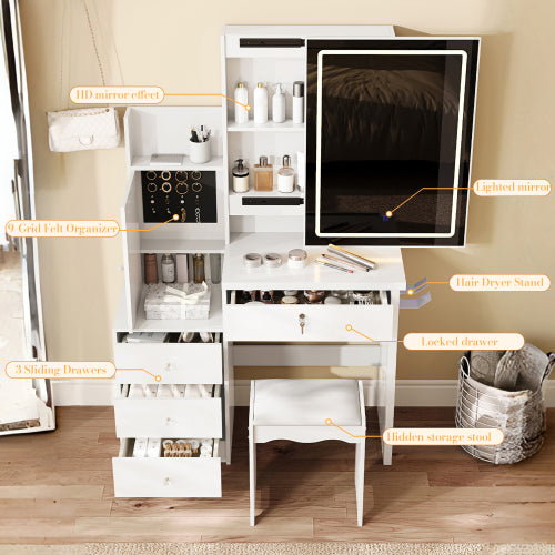 White Vanity Desk Set with Sliding Lighted Mirror, 4 Drawers & 9 Storage Spaces, Hidden Compartments, Cushioned Stool