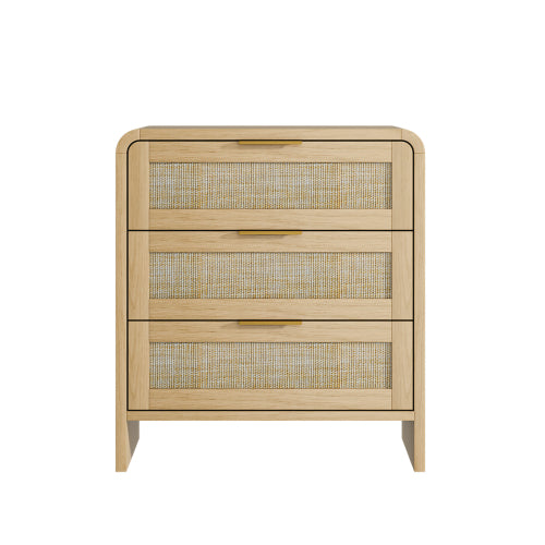 Rattan Nightstand 3 Drawers, 22.8inch  Wide Curved Wooden Bedside Table, Modern Storage for Bedroom, Natural Oak.