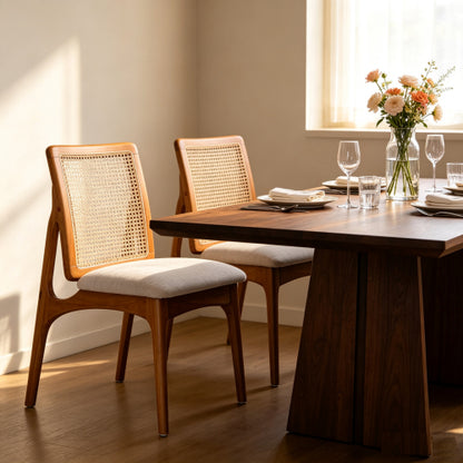 Mid Century Rattan Dining Chairs Set of 2, Solid Rubber Wood Side Chairs with Cane Rattan Back