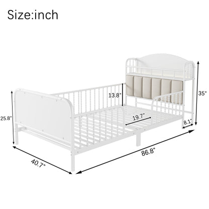 Twin Size Metal Platform Bed Frame with Light, Kids Twin Metal Bed with Upholstered and Storage Headboard, White