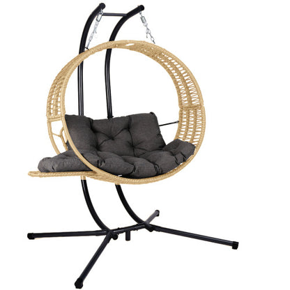 Double Hanging Egg Chair with Stand for Outdoor, Oversized 2 Person Wicker Rattan Swing Chair w/Convertible Armrest for Reclining Seat, All-Weather Cushion and Heavy Duty Frame, 700Lbs Cap. yellow