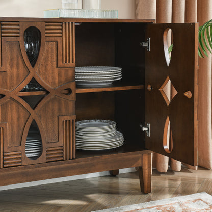 60.5 Inch Walnut Mid-Century Modern Sideboard Four-Door Adjustable Shelf TV Cabinet With Reserved Wire Holes