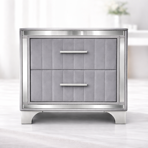 Contemporary Acrylic Nightstand with Two Drawers, Upholstered Bedside Table Featuring Silver Metal Legs, Modern End Table for Bedroom or Living Space (22.64inch  W x 15.75inch  D x 24.13inch  H)