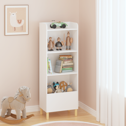 Kids 4-Tier Bookcase and Toy Storage Organizer with Pine Legs, White