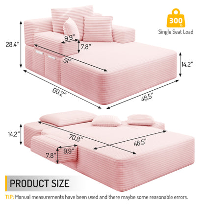 Oversized Baby Pink Corduroy Convertible Sofa Bed w/Storage Pockets