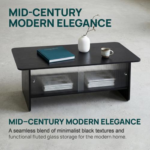 47 Inch Modern Coffee Table with Fluted Glass Sliding Doors, Black