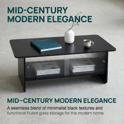 47 Inch Modern Coffee Table with Fluted Glass Sliding Doors, Black