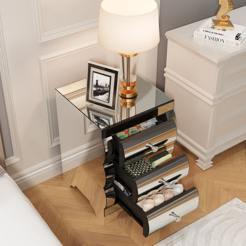 Silver Mirrored Nightstand with 3 Drawers, Curved Glass & MDF Bedside Chest for Small Spaces