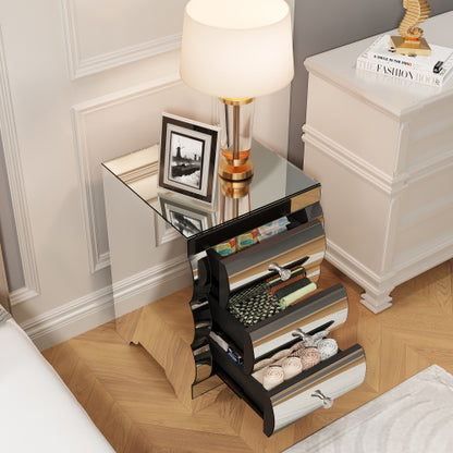 Silver Mirrored Nightstand with 3 Drawers, Curved Glass & MDF Bedside Chest for Small Spaces