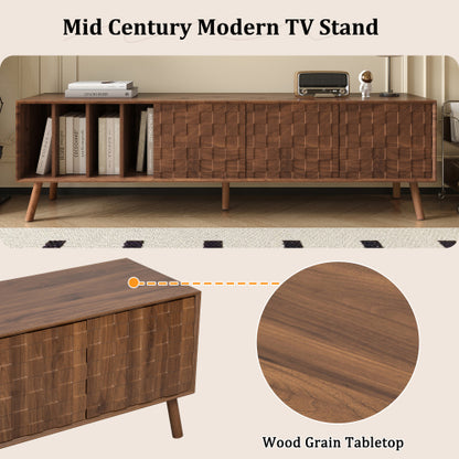 68 inch Mid-Century Modern TV Stand with Solid Wood Legs, Storage Cabinets & Open Shelves
