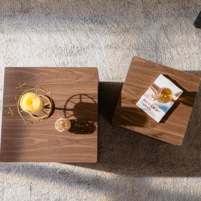 2-Piece Walnut Nesting Cube Coffee Table Set, MDF Wood Grain Side Tables Fully Assembled for Small Spaces