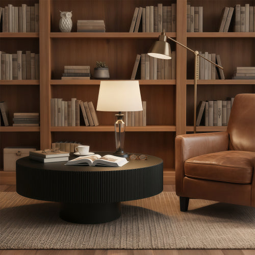 Black Fluted Round Pedestal Coffee Table, Mid Century Modern