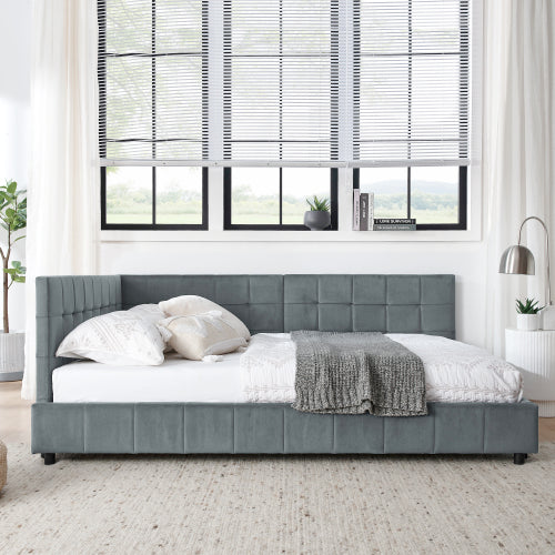 Full Size Upholstered Tufted Bed Frame, Sofa Bed Frame with Comfortable Backrest and Armrests, Full Size Bed for Bedroom, Living Room,Velvet, Grey(80.5inch *59inch *30.5inch )