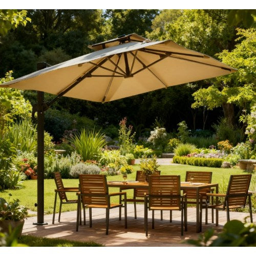Outdoor Umbrellas,Offset Hanging Umbrella,Solar LED Cantilever Umbrella,with 360°Rotation,Cross Base,Ribs,Tilt and Crank