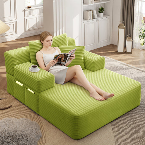Green Oversized Plush Corduroy Chaise Lounge Convertible Sleeper Sofa-Bed w/Storage Pockets & 3 Pillows
