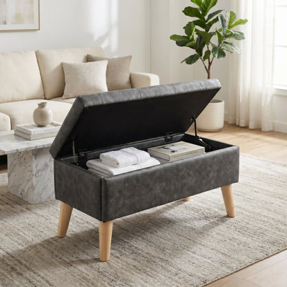 32 inch Square Storage Ottoman Bench with Built-in Tray, Upholstered Multi-Purpose Footrest, End of Bed Bench for Bedroom & Living Room