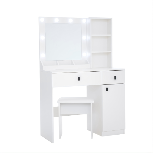 White Vanity Desk with Lights & Mirror, Large Drawers & Three Level Storage, 3 Lights Brightness Adjustable