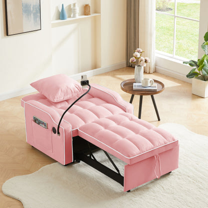 Pink 3-In-1 Convertible Sleeper Chair Bed with USB & Type-C Port