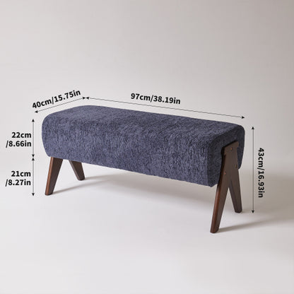 Chenille Upholstered Bench with Solid Wood Legs, Entryway Ottoman