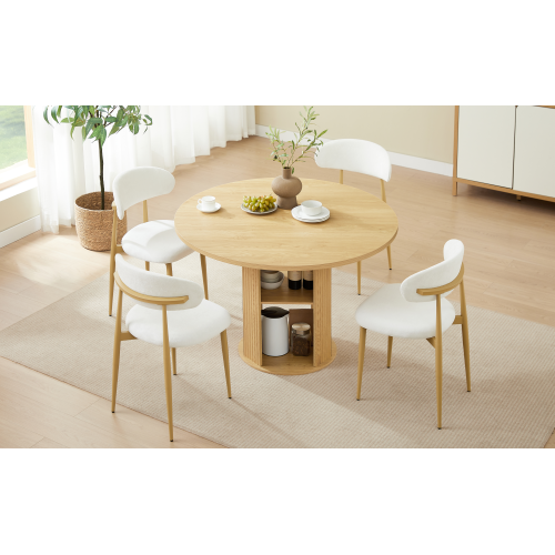 3-Piece Natural Wood Grain Dining Set, 47.2inch  Round Table with Double Shelves & 2 Velvet Chairs