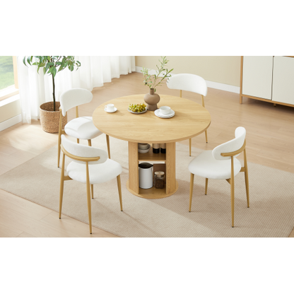 3-Piece Natural Wood Grain Dining Set, 47.2inch  Round Table with Double Shelves & 2 Velvet Chairs
