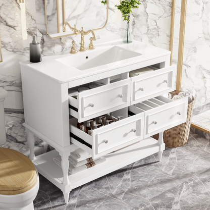 36" Bathroom Vanity Cabinet with Sink Combo Set, Undermount Ceramic Sink, Free Standing Vanity Set with 4 Drawers, Solid Wood Frame Bathroom Cabinet, White