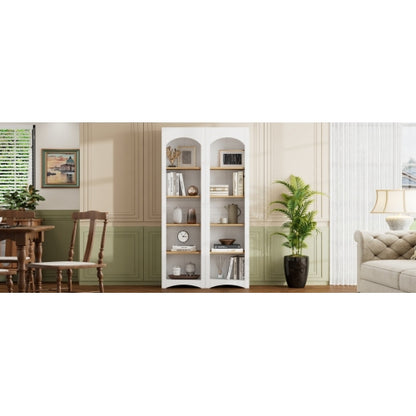 72''H White Farmhouse 5-Tier Combined Bookshelf Adjustable Shelf Home Pantry Storage Cabinet Set