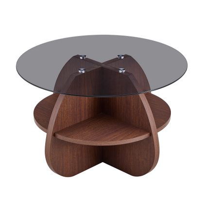 29.5inch  Round Cross-Structure Glass Coffee Table, Walnut Fan-Shaped Storage Base
