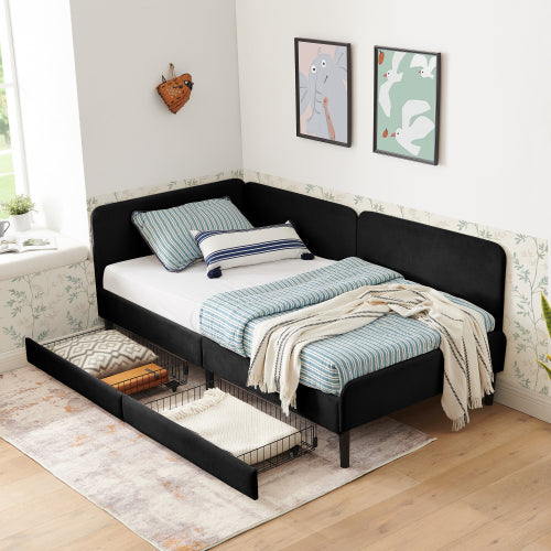 Black Twin-Size Upholstered Convertible Platform Sofa-Bed Frame with 2 Storage Drawers
