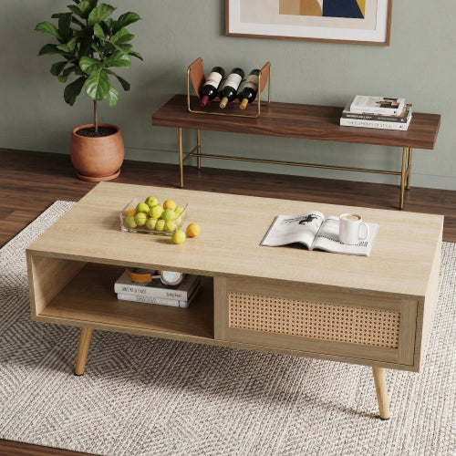 41.34inch  Rattan Rectangular Coffee Table with Sliding Door, Natural