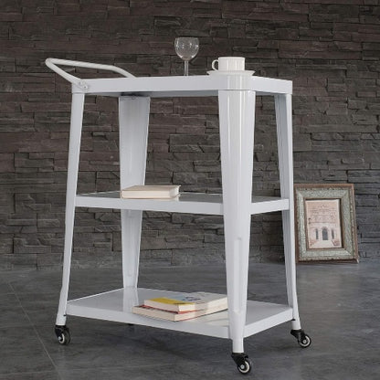 3-Tier Metal Rolling Cart Swivel Rollers Durable Utility Table Wheels with Handle All Metal Frame Easy Mobility Versatile Kitchen Stand Bar Serving Use White 1pc