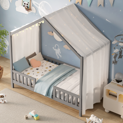 Montessori Floor Bed with Canopy, Twin Bed Frame for Kids, House Shape Toddler Bed Frame with High Railings, Wood Kids Bed with Roof, Kid Twin Bed, Grey
