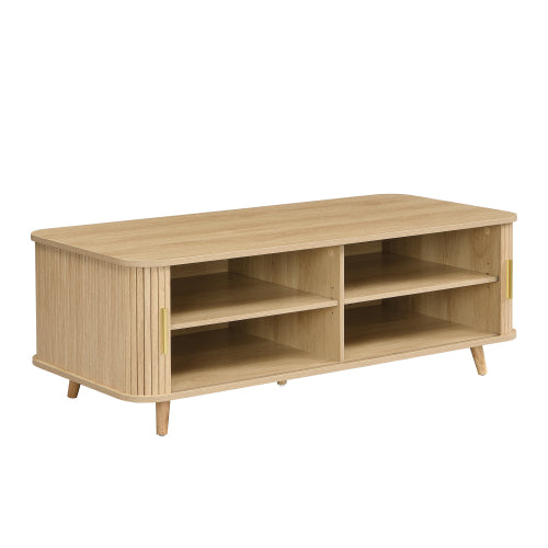 Mid-Century Natural Wood Coffee Table with Tambour Doors & 4 Open Storage Compartments
