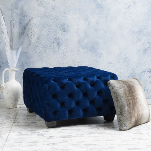 Navy Blue Velvet Button Tufted Ottoman, Diamond Stitch Modern Glam Accent Seat for Living Room