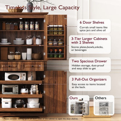 71inch  Farmhouse Kitchen Pantry Cabinet with Pull-Out Shelves Brown