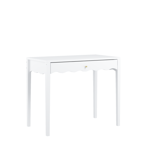 White 35.43inch  Vanity Desk with Drawer ¨C Modern Makeup Table with Scalloped Front & Gold Knob, Compact Writing Desk with 4 Sturdy Legs for Bedroom, Small Home Office & Apartment Spaces