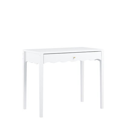 White 35.43inch  Vanity Desk with Drawer ¨C Modern Makeup Table with Scalloped Front & Gold Knob, Compact Writing Desk with 4 Sturdy Legs for Bedroom, Small Home Office & Apartment Spaces