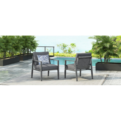 [Set of 2] Gray Aluminum Lounge Chair with Sleek Rope Accents and Comfortable Cushions, Perfect for Modern Outdoor and Indoor Spaces
