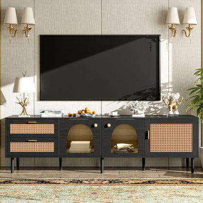 70.8 Inch Black Rattan LED TV Stand Solid Wood Leg Media Console Supports 80 Inch TV