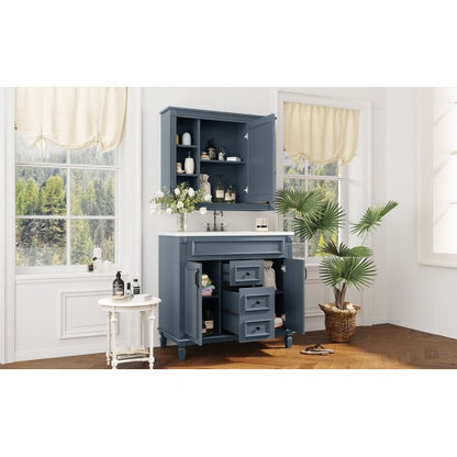 36'' Bathroom Vanity with Top Sink, Royal Blue Mirror Cabinet, Modern Bathroom Storage Cabinet with 2 Soft Closing Doors and 2 Drawers, Single Sink Bathroom Vanity