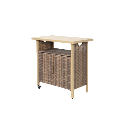 Outdoor Wicker Bar Cart, Patio Wine Serving Cart w/Wheels , Rolling Rattan Beverage Bar Counter Table w/Glass Top for Porch Backyard Garden Poolside Party, Beige