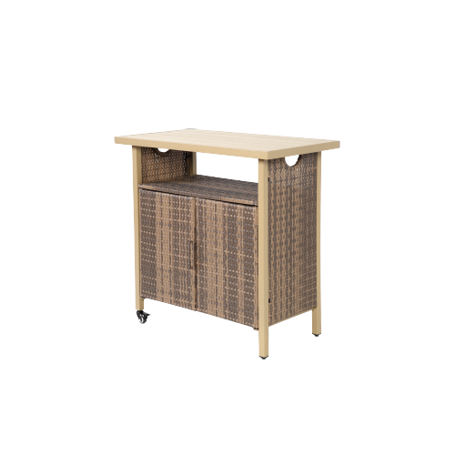 Outdoor Wicker Bar Cart, Patio Wine Serving Cart w/Wheels , Rolling Rattan Beverage Bar Counter Table w/Glass Top for Porch Backyard Garden Poolside Party, Beige
