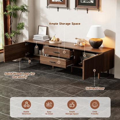 70.8 inch Dark Brown Slatted TV Stand Solid Pine Leg Media Console Fits Up To 80 Inch TV